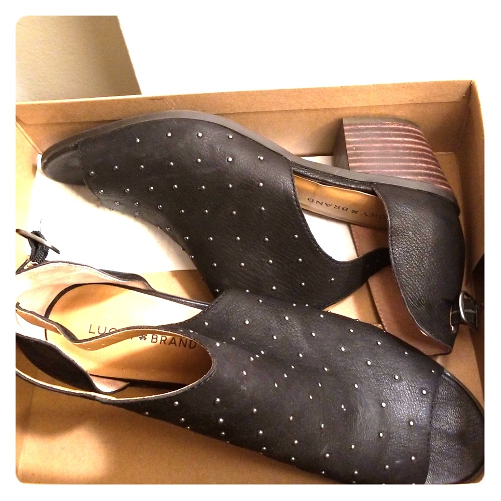Studded leather lucky brand open toe booties